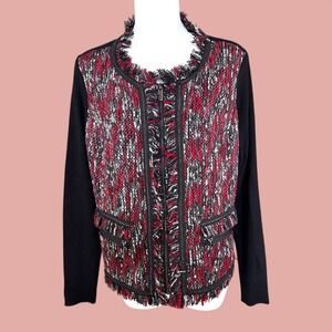 Cache NWT tweed‎ fringe zip front jacket black red white knit sleeves XL